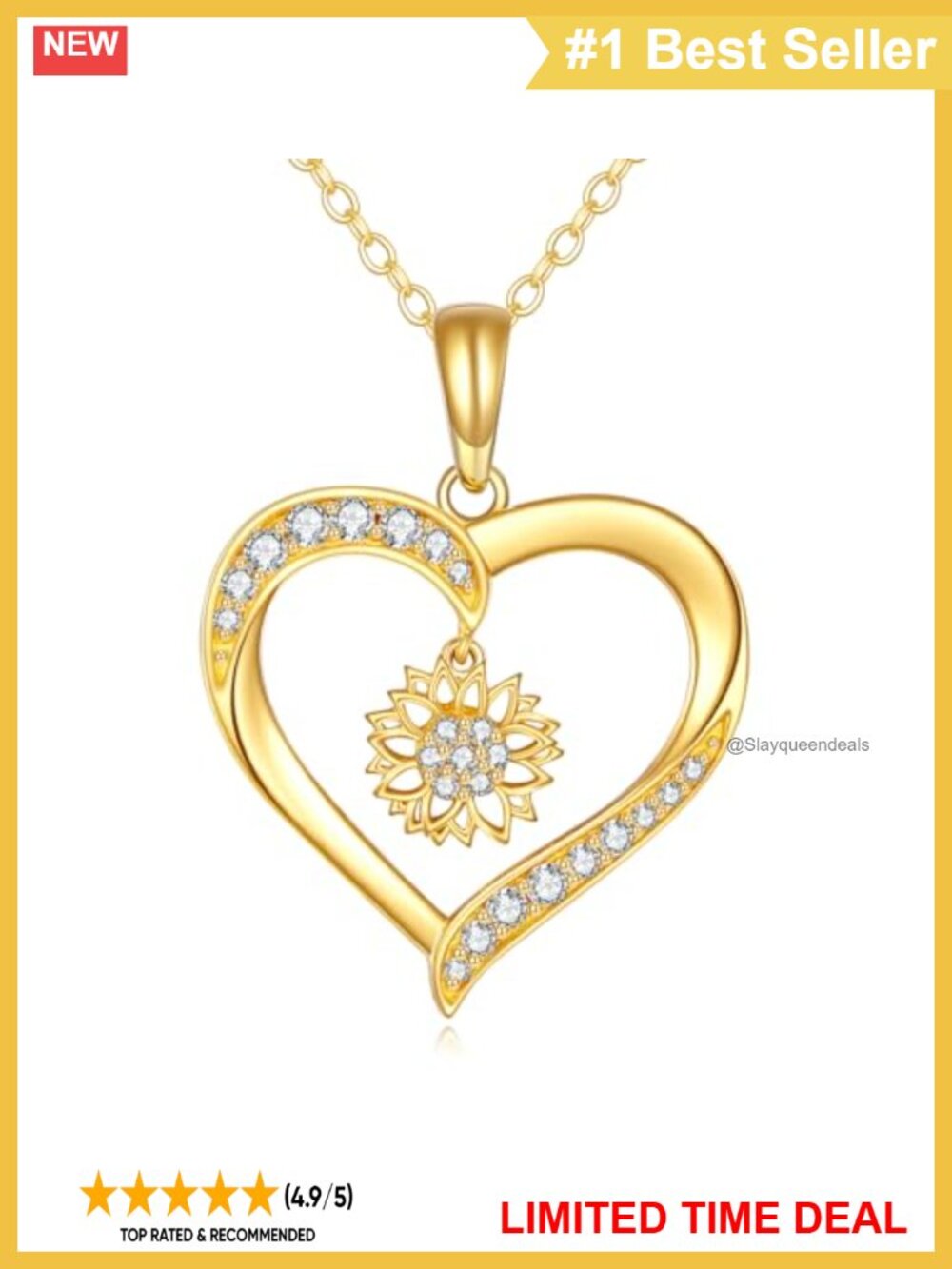 14k Yellow Gold Sunflower Heart Pendant Necklace Adjustable Chain Gift